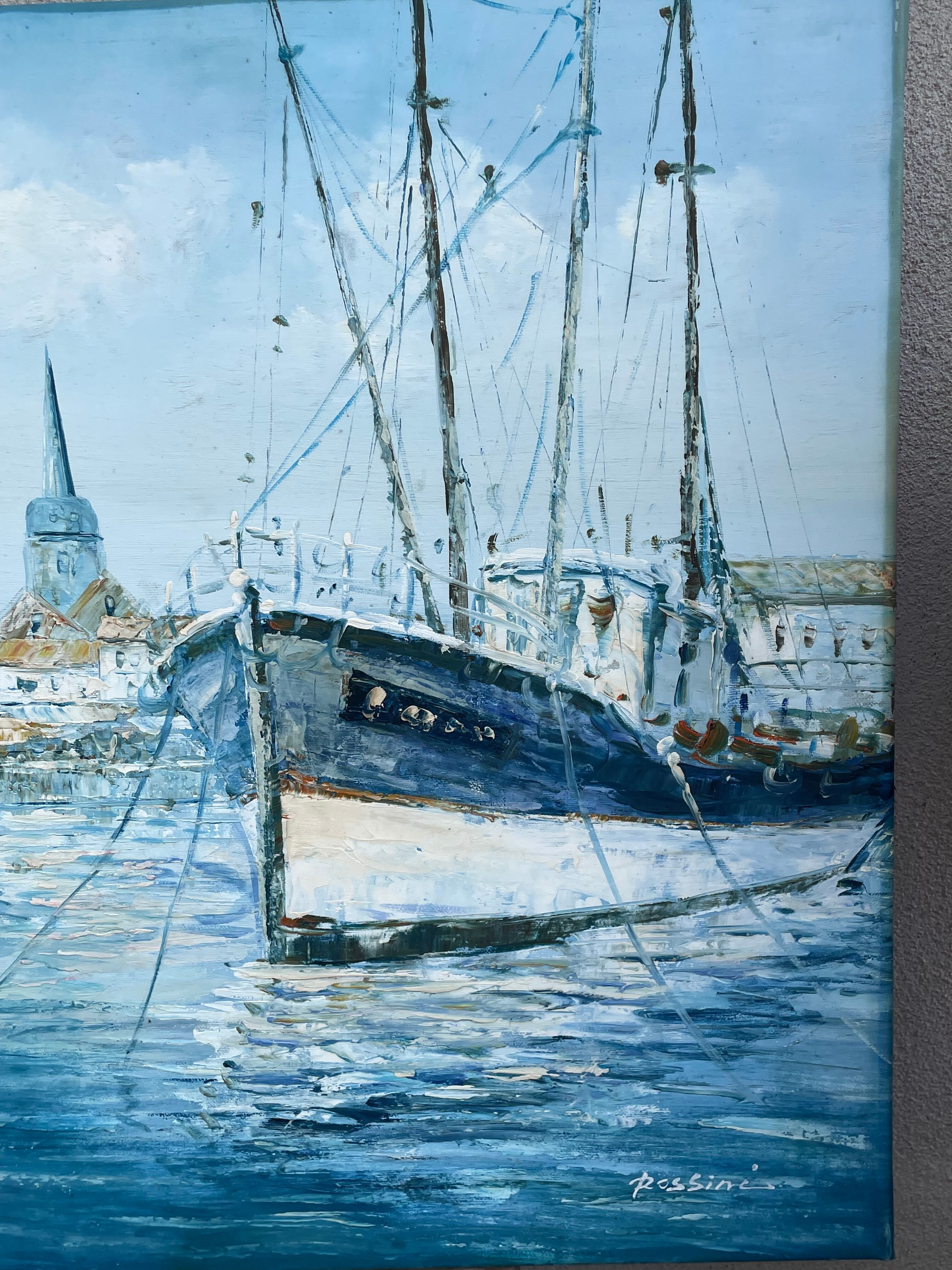 Marine, oil on canvas "Bâteaux les sables d'Olonne" signed Rossini
