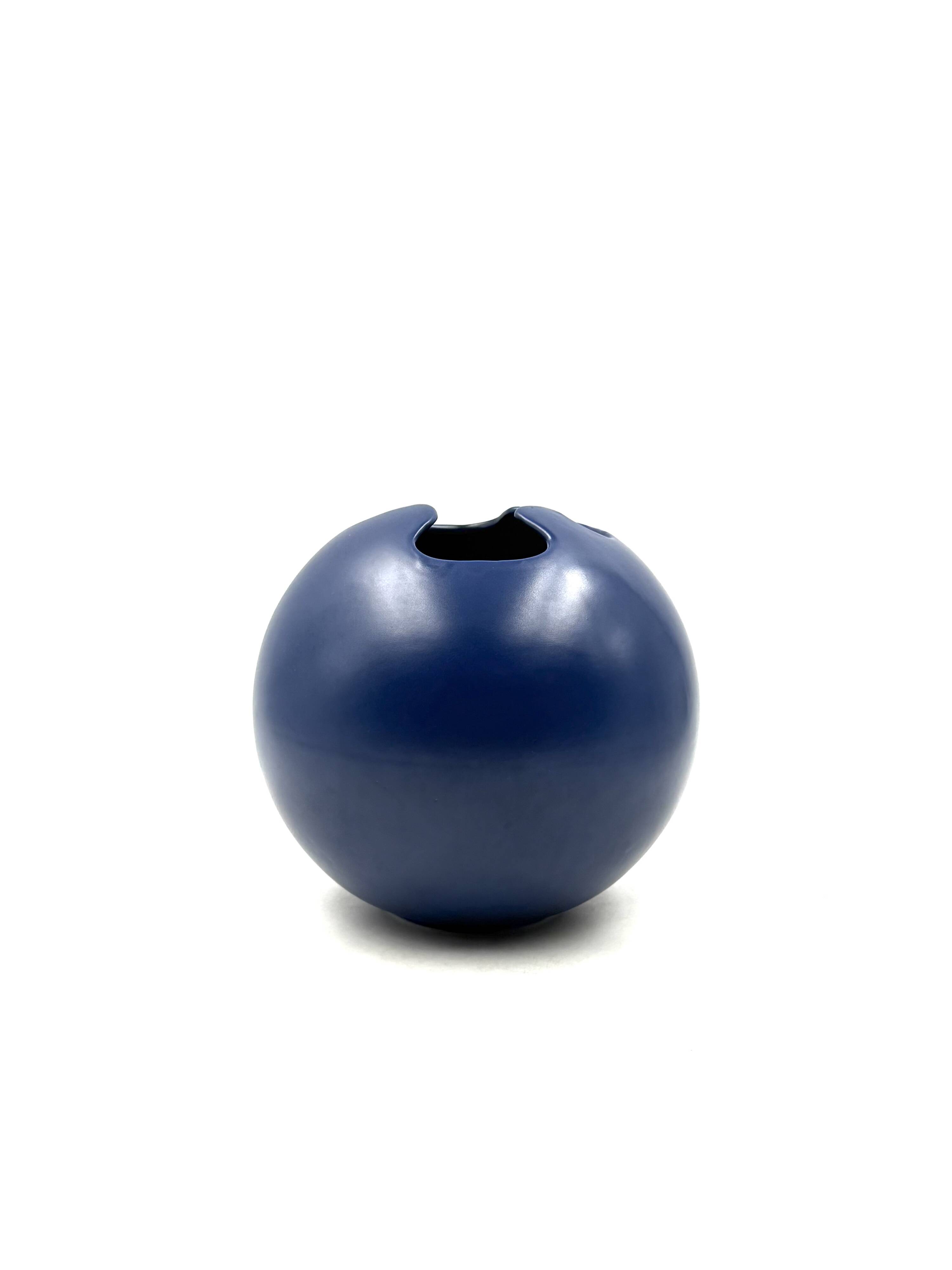 Modern blue spherical ceramic vase, Italy 1970