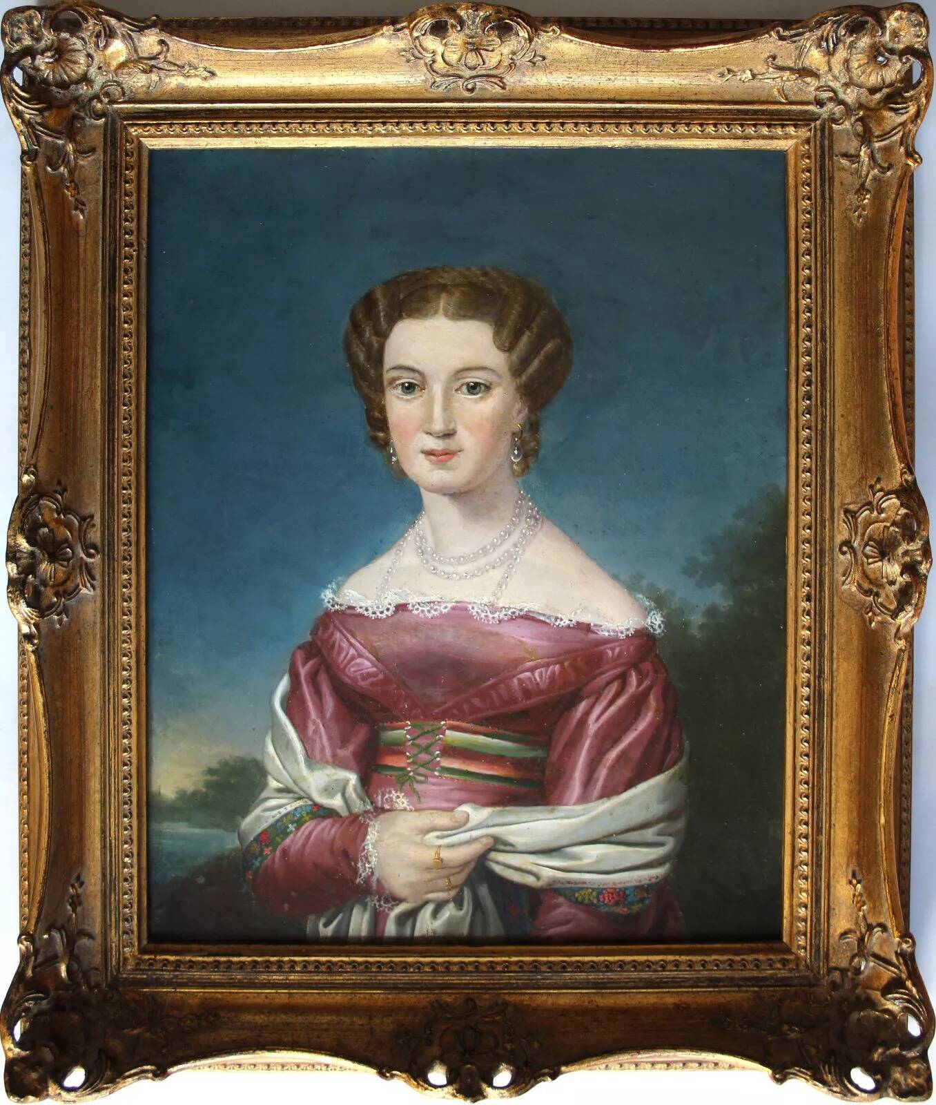 Antique Biedermeier Young Lady Miniature Portrait Painting