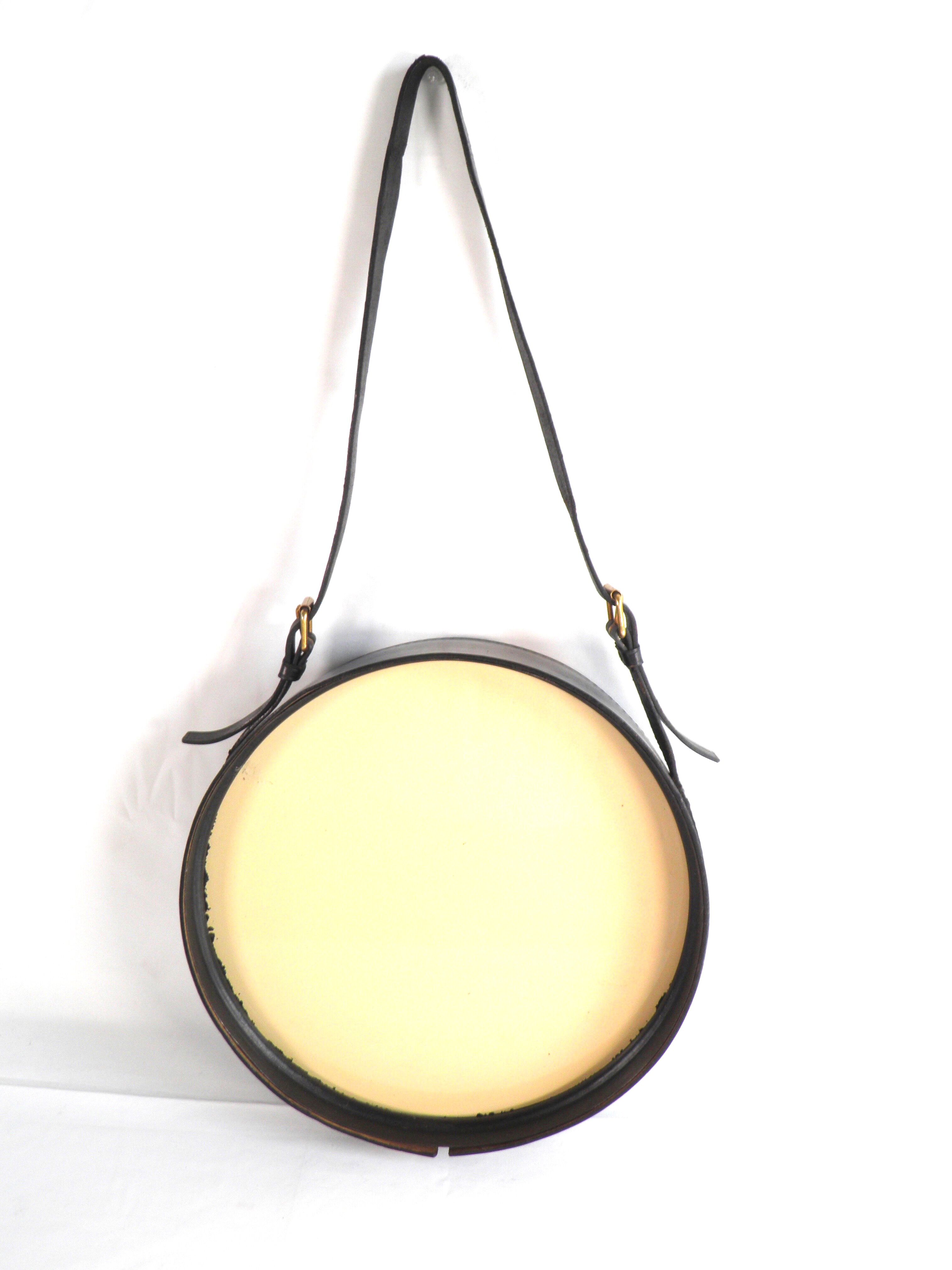 Circular mirror in black leather Jacques ADNET 1950
