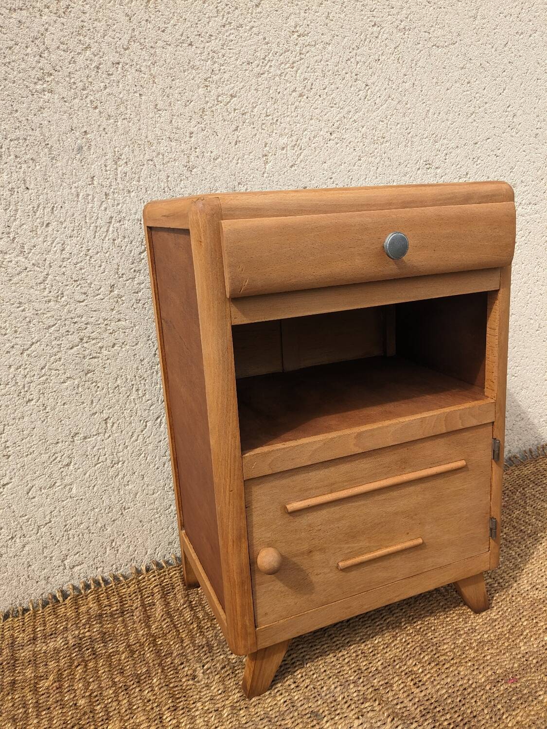 Vintage bedside table with compass legs