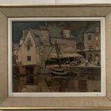Huile sur toile encadrée " Vue sur le port " XX siècle