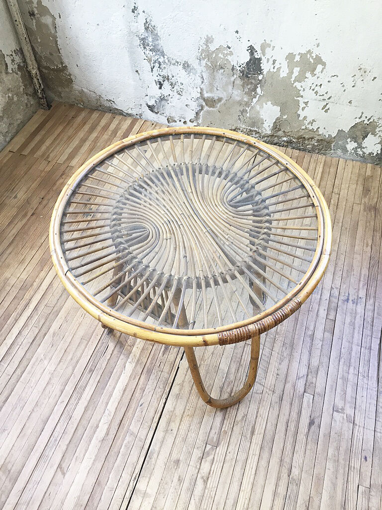 Vintage glass and rattan table