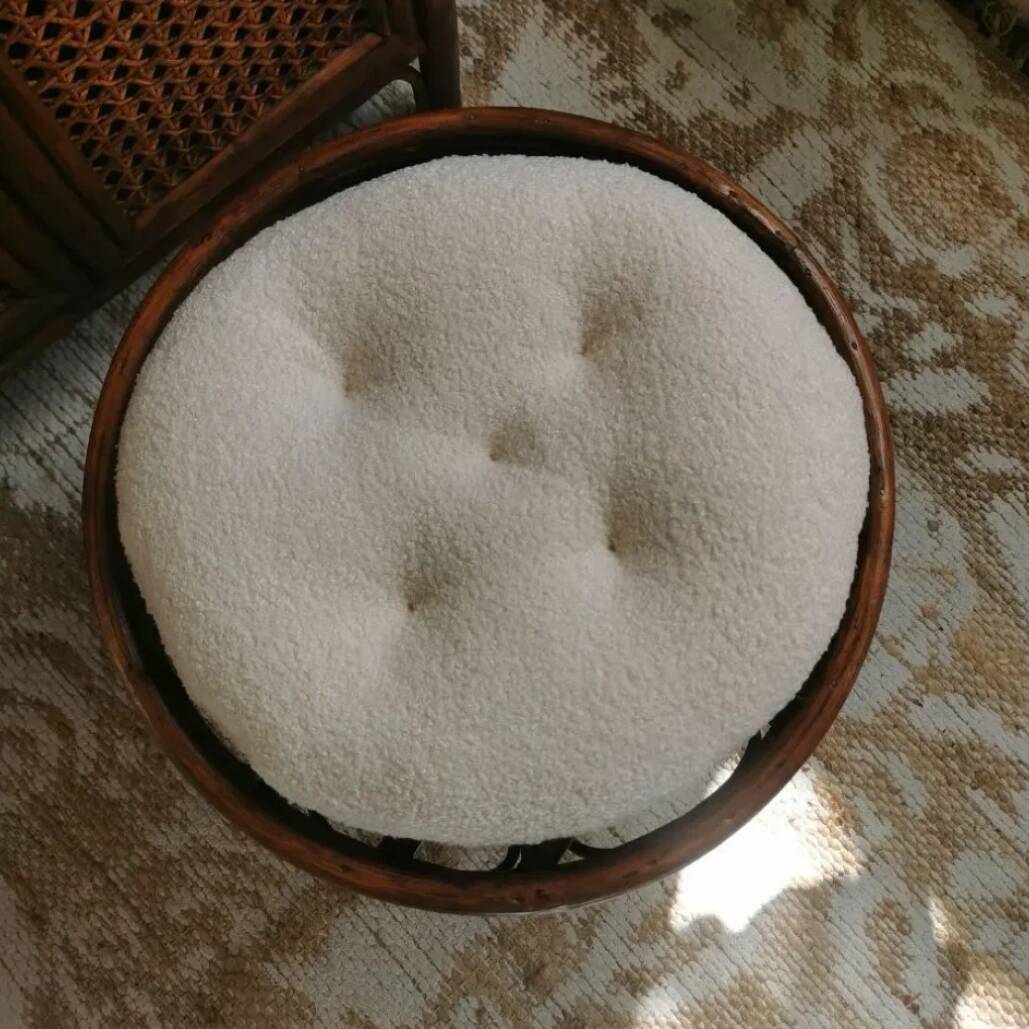 Vintage 70s rattan pouf stool with terry cushion