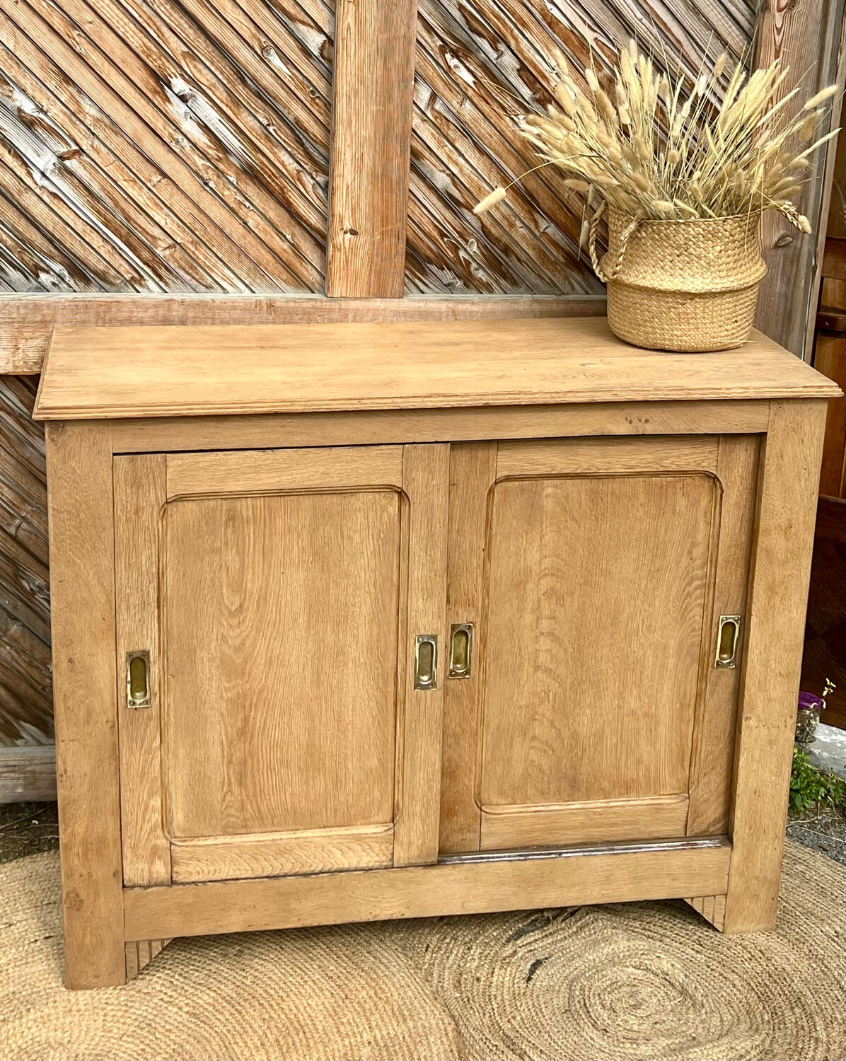 Old Parisian buffet in raw solid oak - sliding doors
