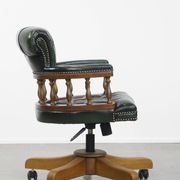 Dark green cowhide leather and wood chesterfield office chair on wheels