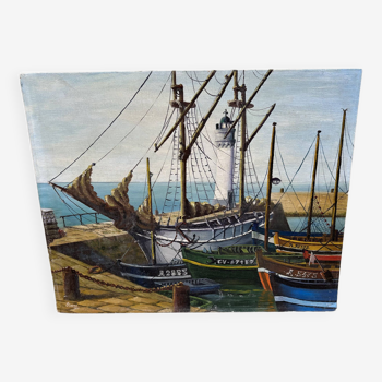 Fishing boats - painting on canvas cardboard
