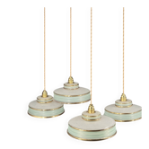 Lot de 4 suspensions Art déco en verre dépoli vert d’eau et doré