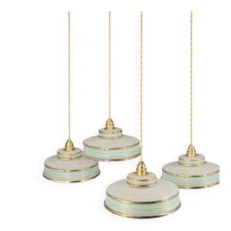 Set of 4 Art Deco pendant lights in frosted water green and gold.