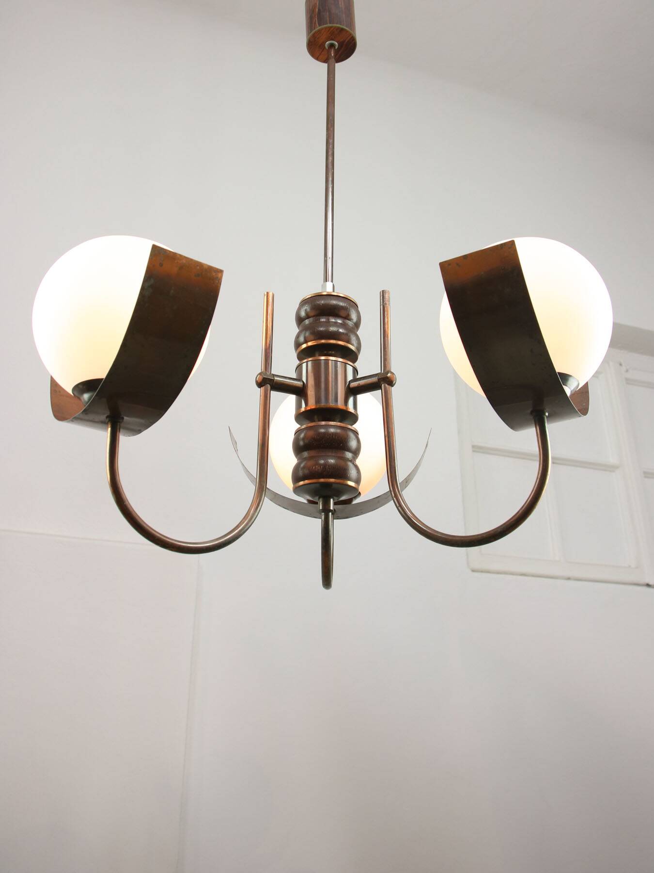 Vintage Italian Copper and Opaline Chandelier, 1970s