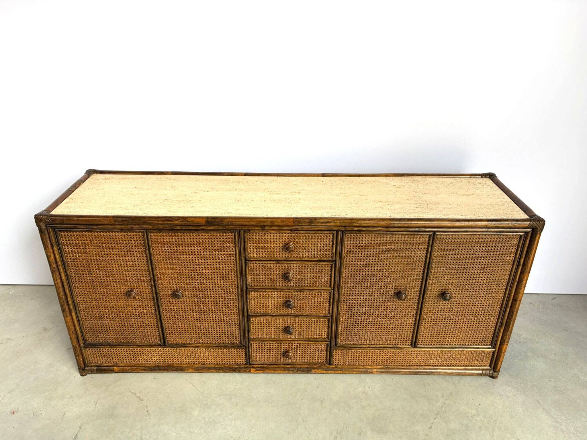 Vintage rattan and travertine sideboard, 1960s