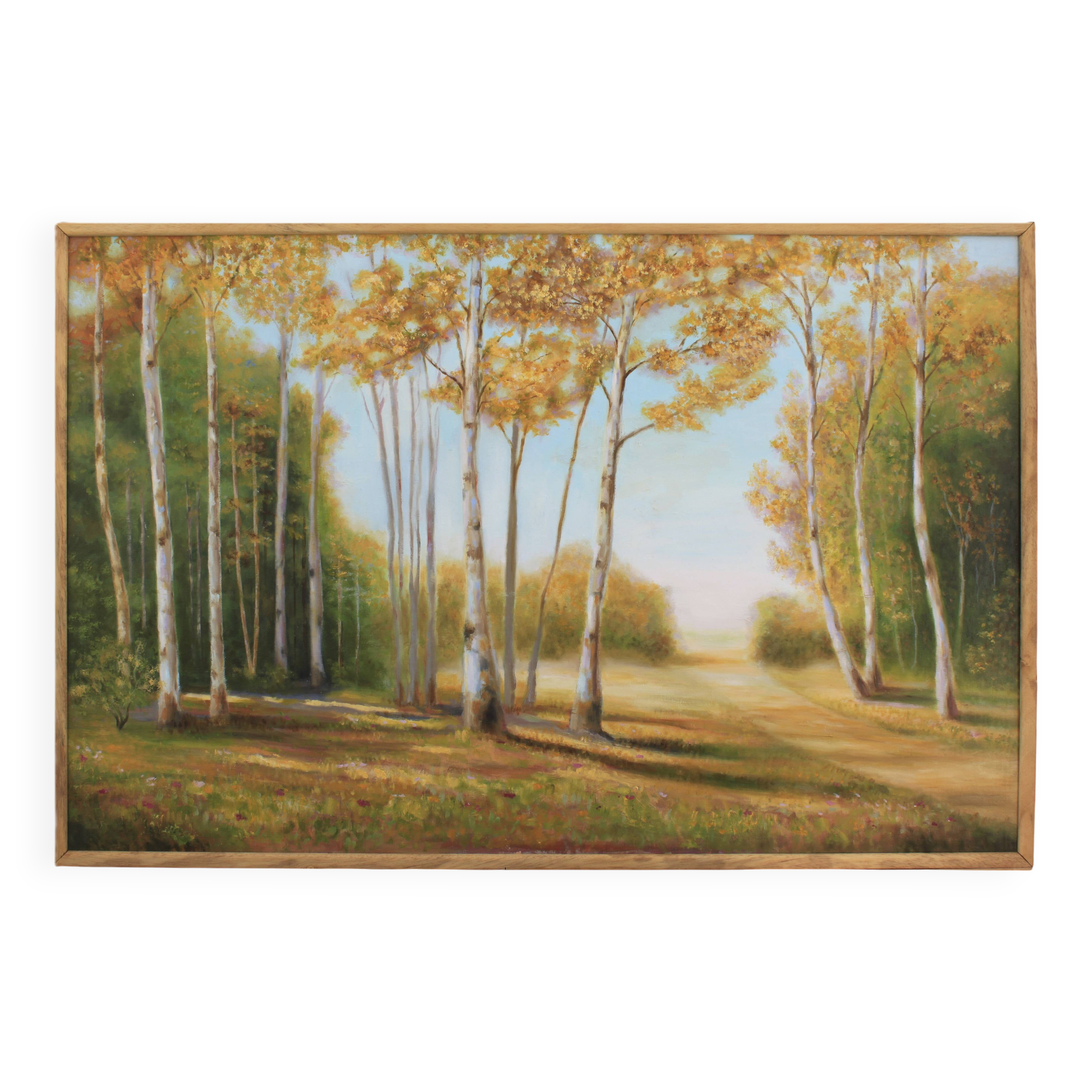 Cuadro con paisaje de álamos pintado al oleo sobre lienzo. Oil painting