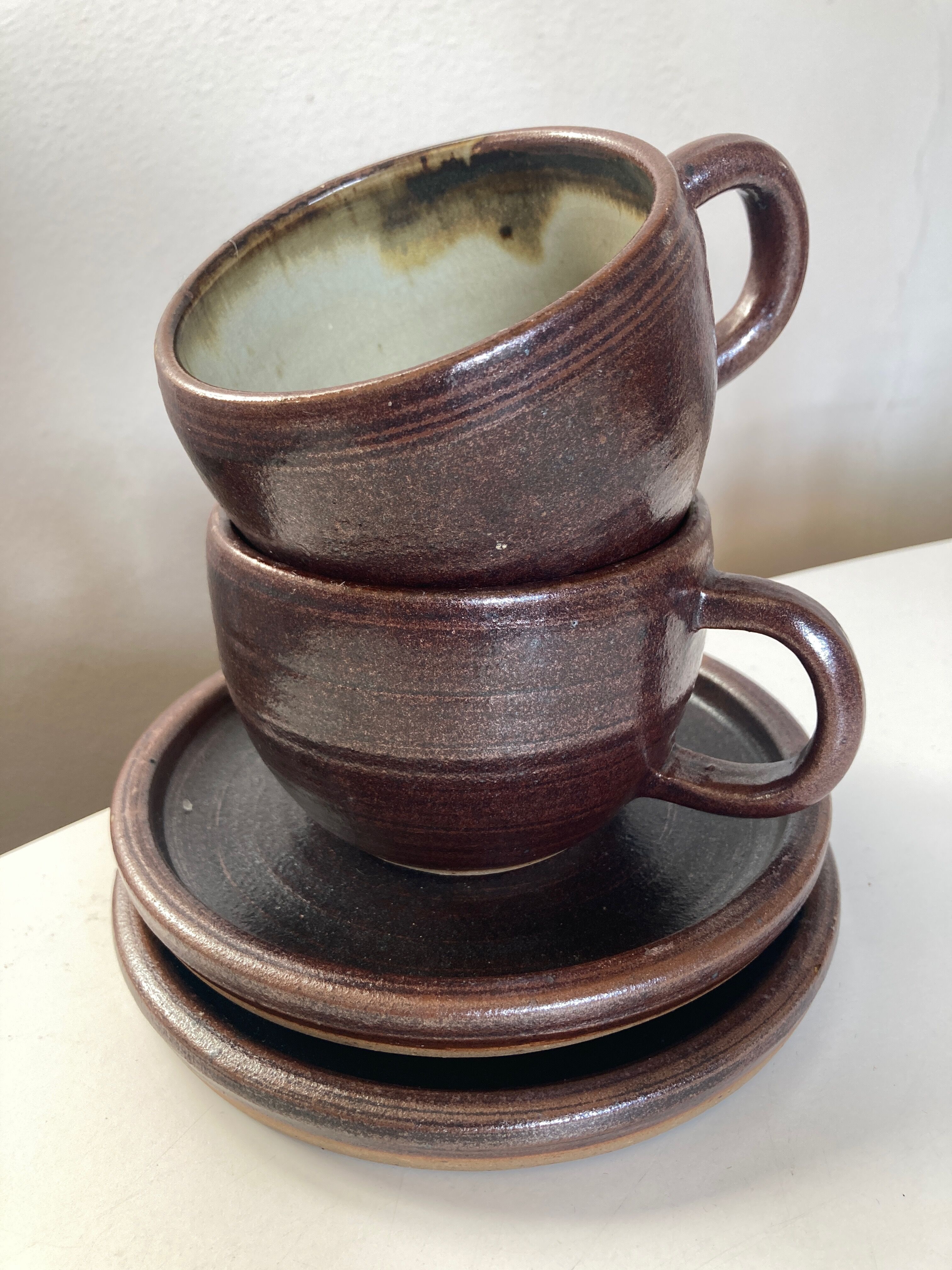 Pair of stoneware breakfast cups signed 1970