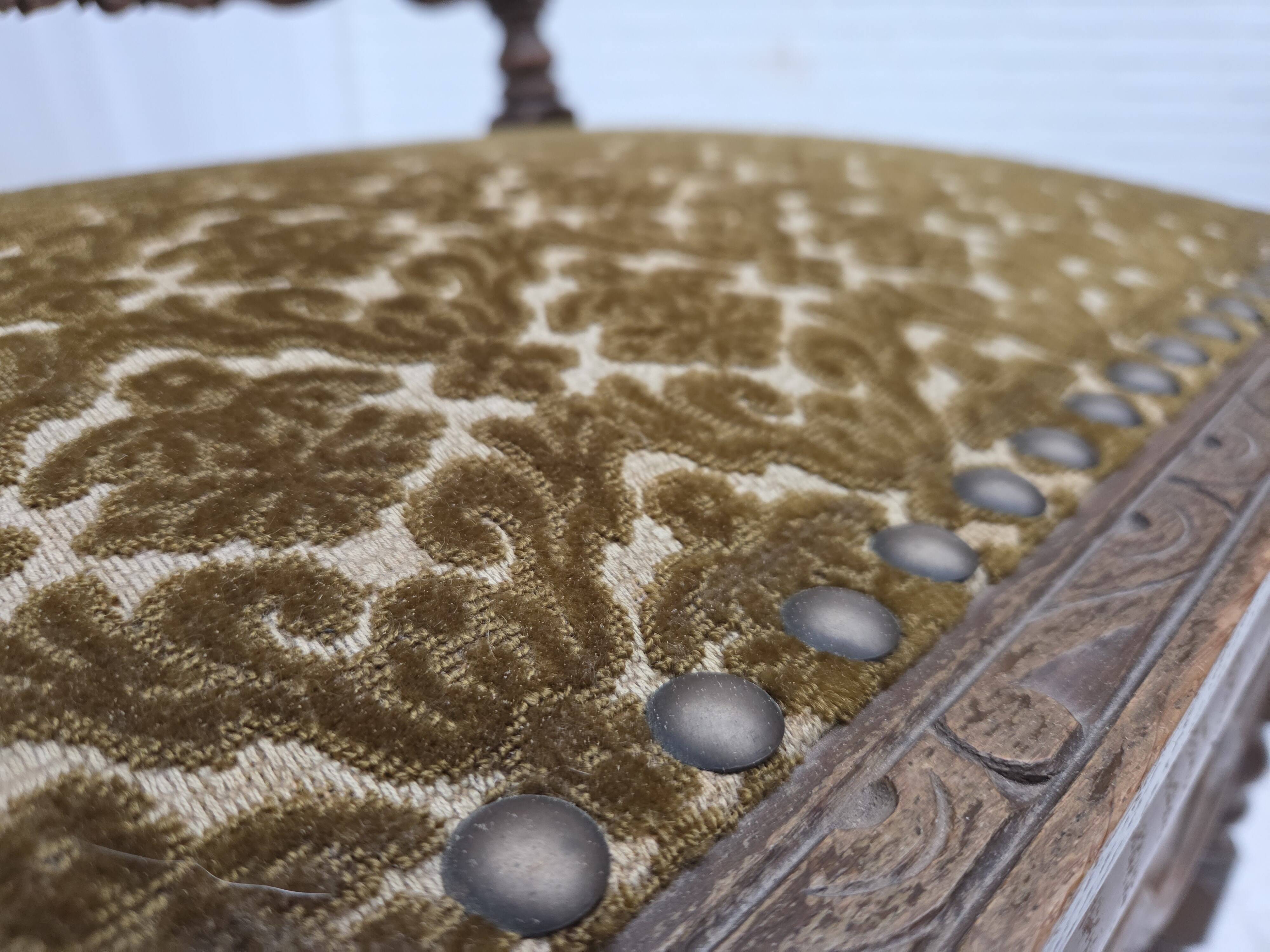 1930s, Danish highback armchair, furniture mesh, velour, carved oak wood.