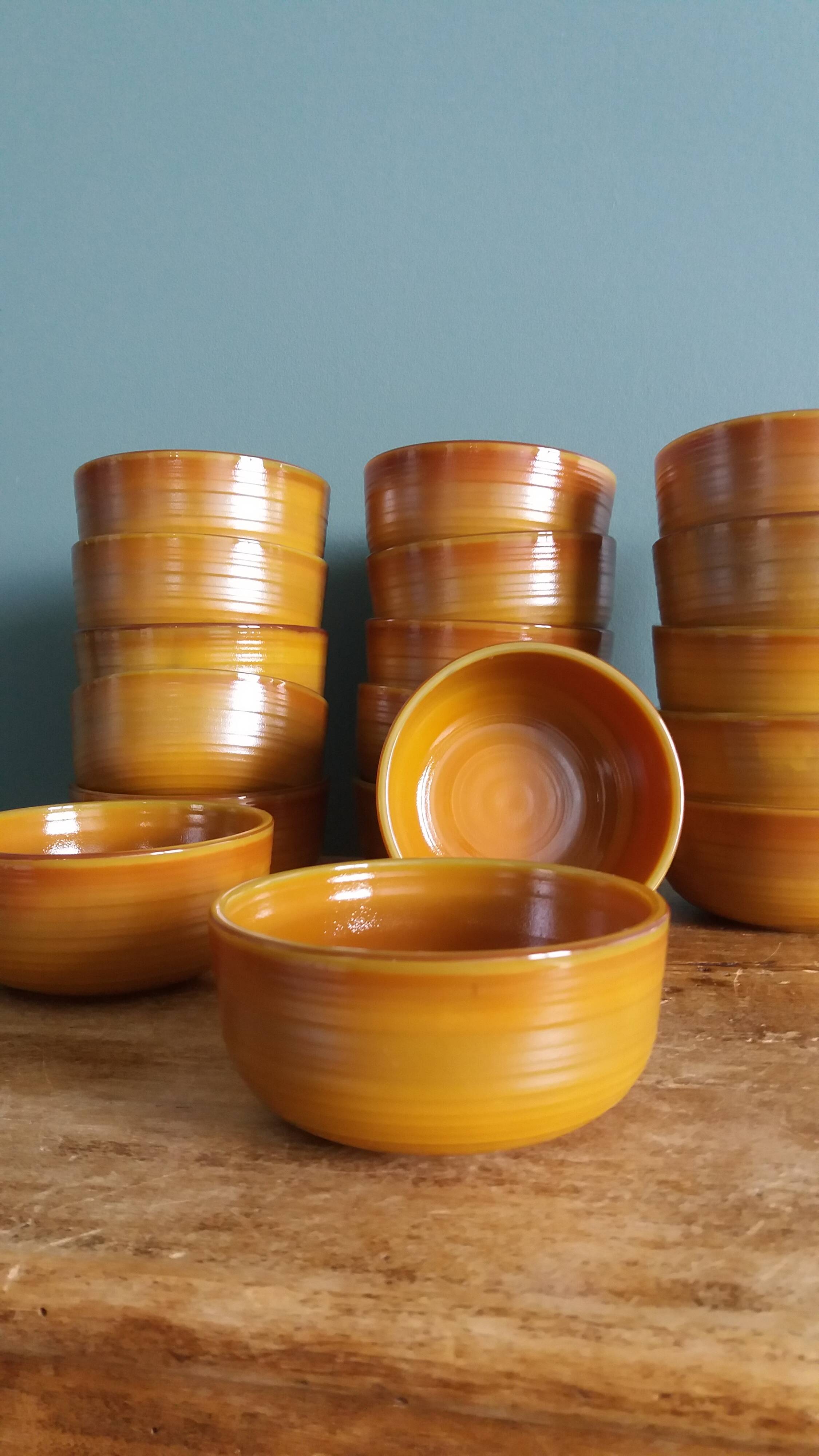 Orange caramel glass ramekins Arcopal Volcan 1970s