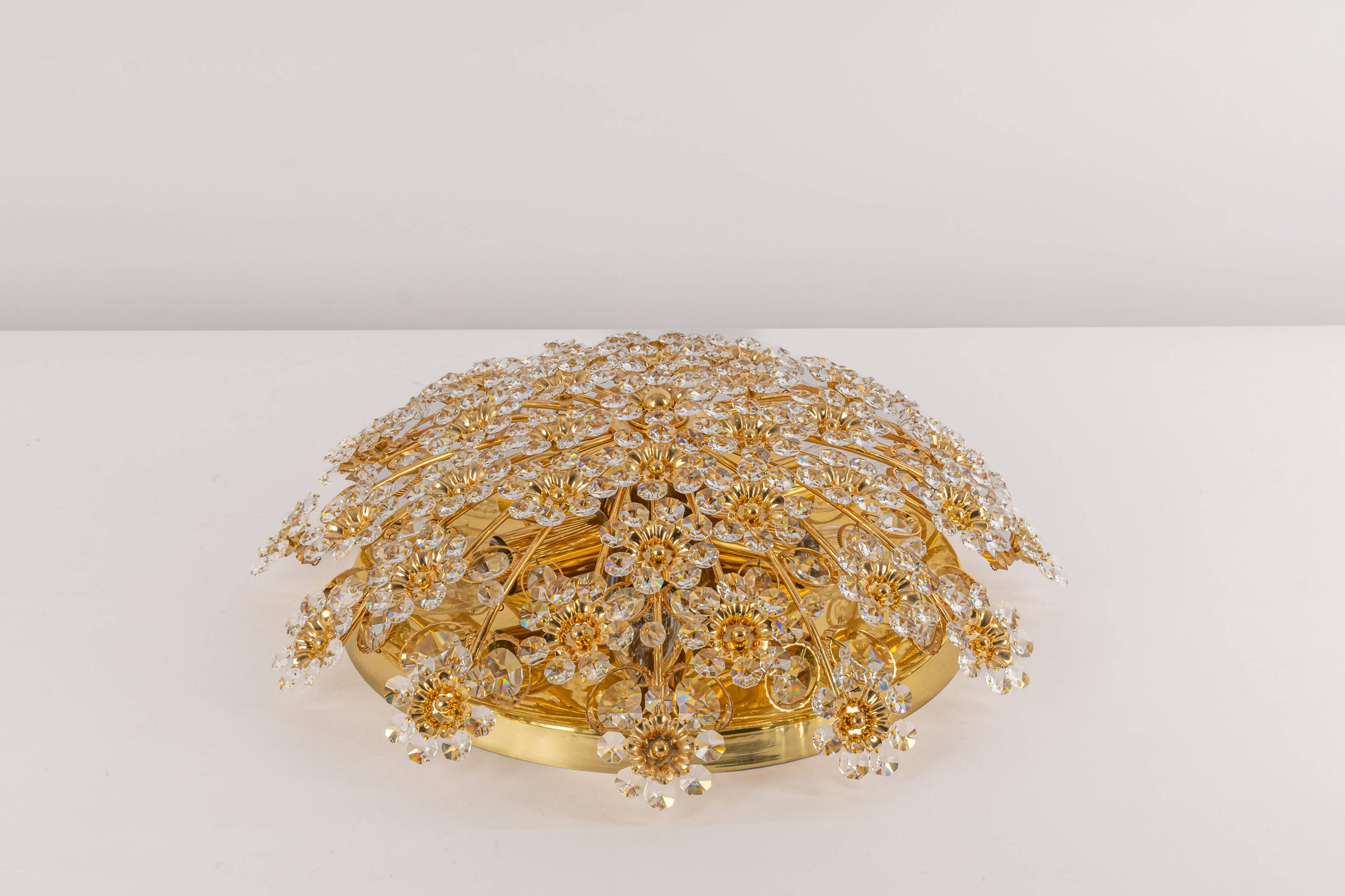 Brass ceiling light with cut glass flowers by Palwa, Germany, 1970s.