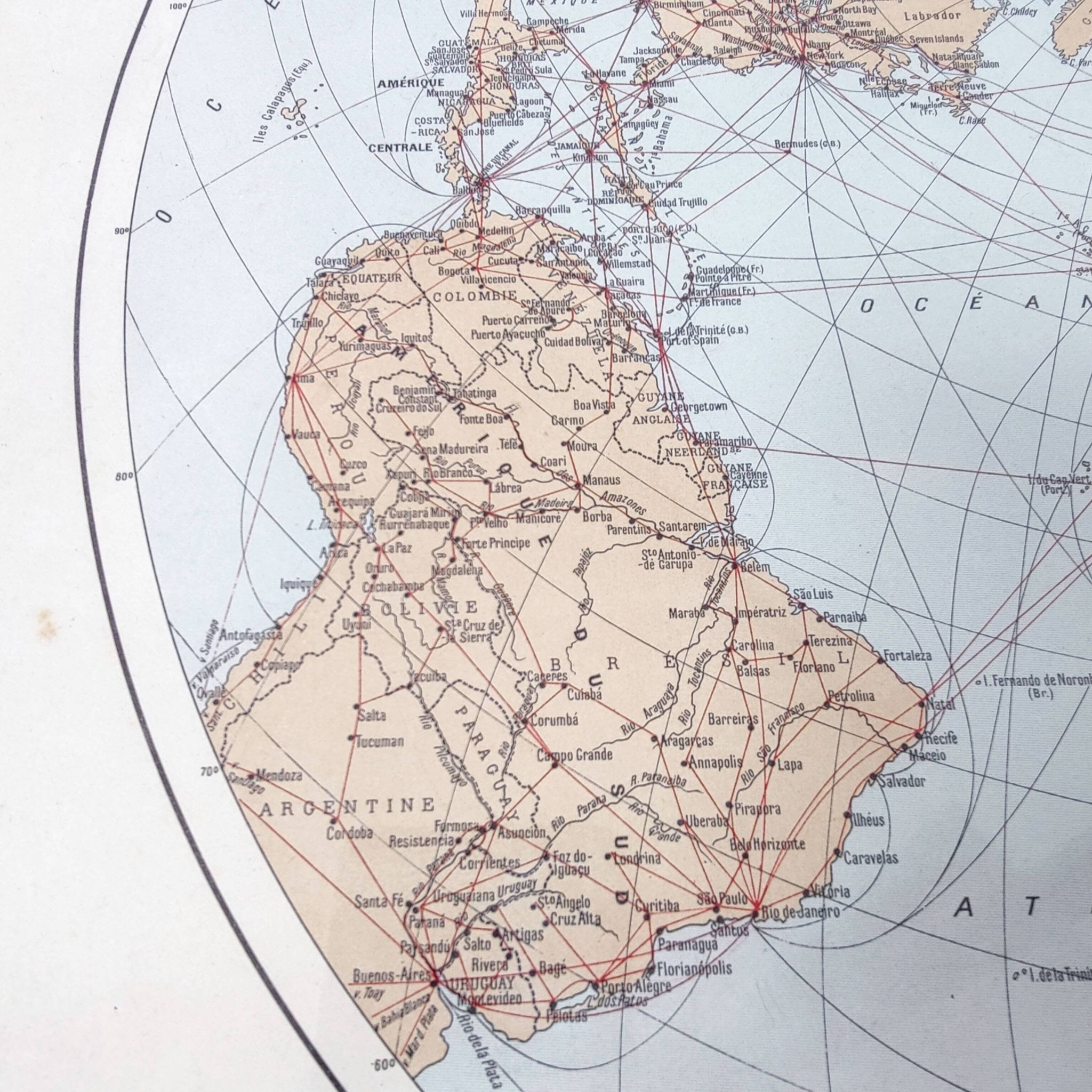 World map, planisphere, vintage air and sea routes from 1950.