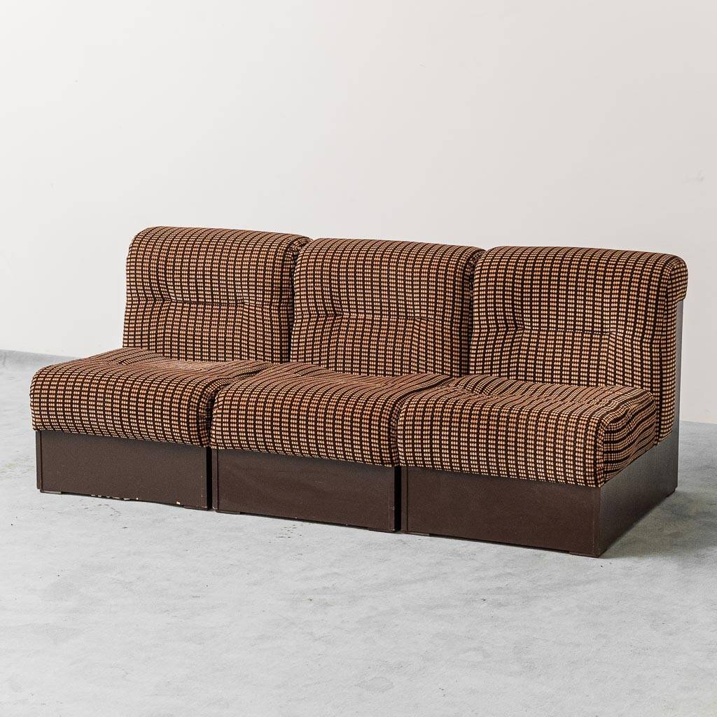 Divano 3 modules en tessuto marrone anni '70 vintage modernariato
