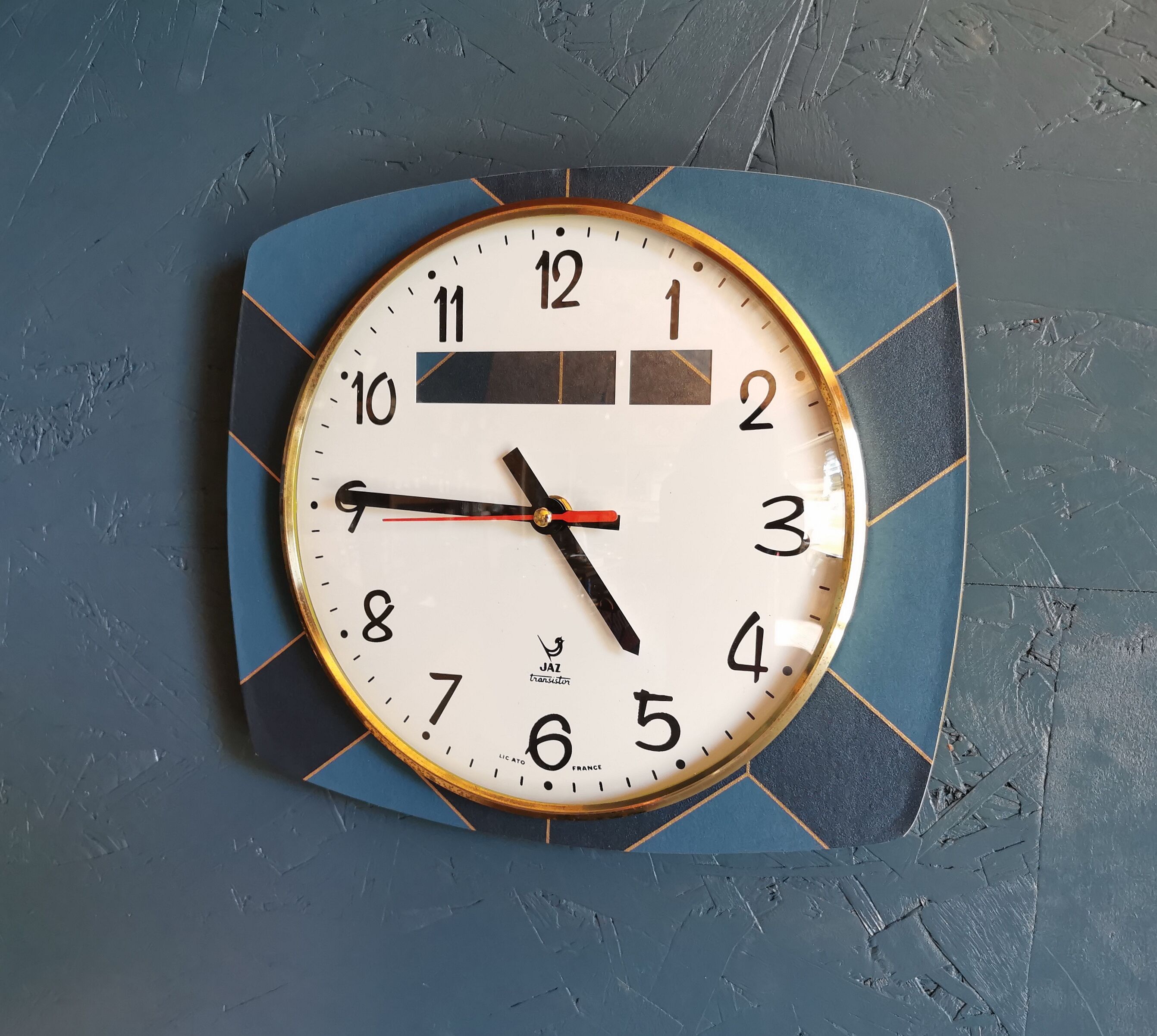 Vintage formica clock rectangular silent wall clock "Jaz golden blue"