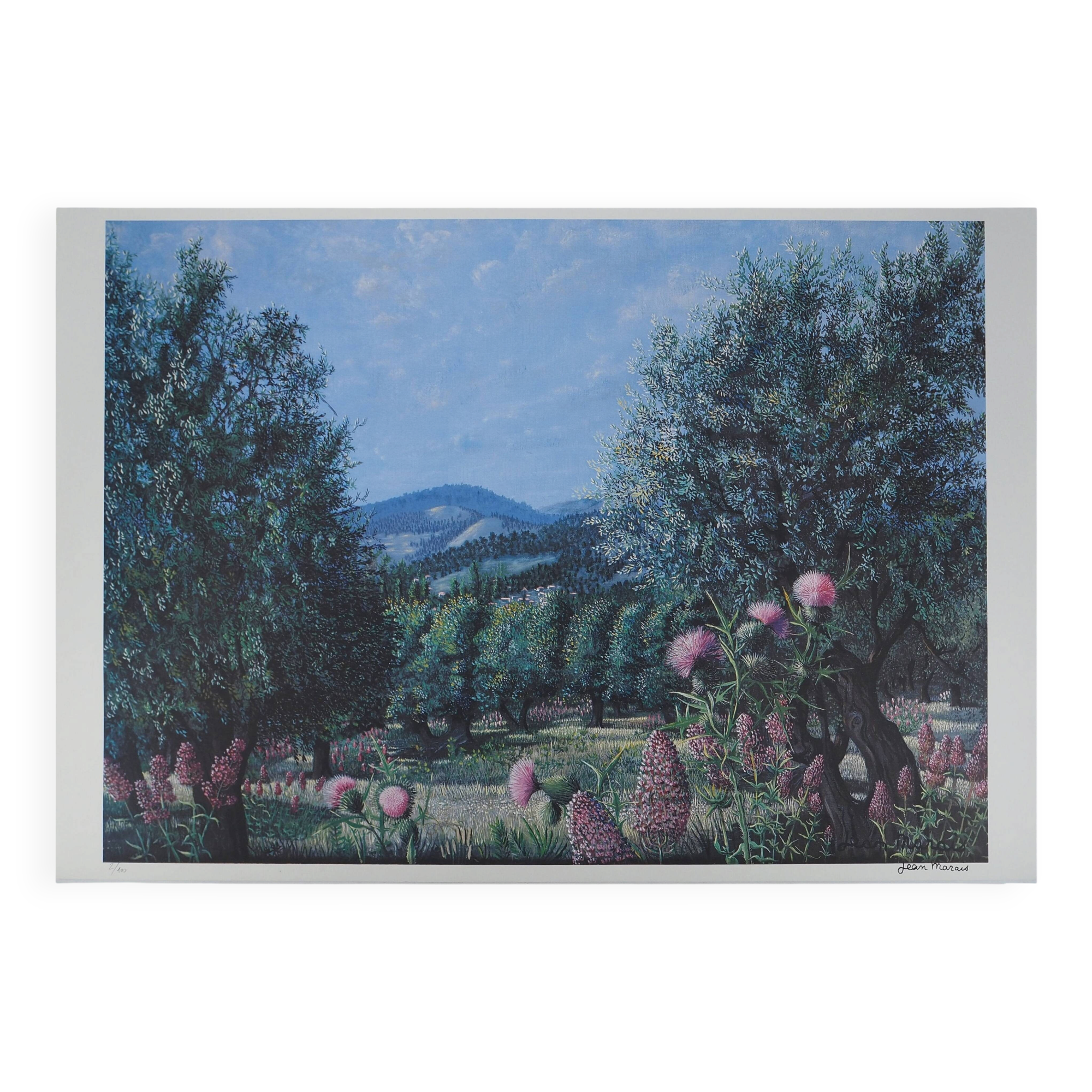 Jean marais: provence, olive groves in summer, signed lithograph