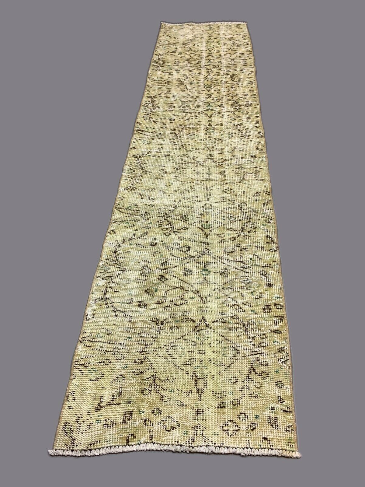 Distressed Turkish Narrow Runner 267x63 cm wool Vintage rug, Overdyed Yellow