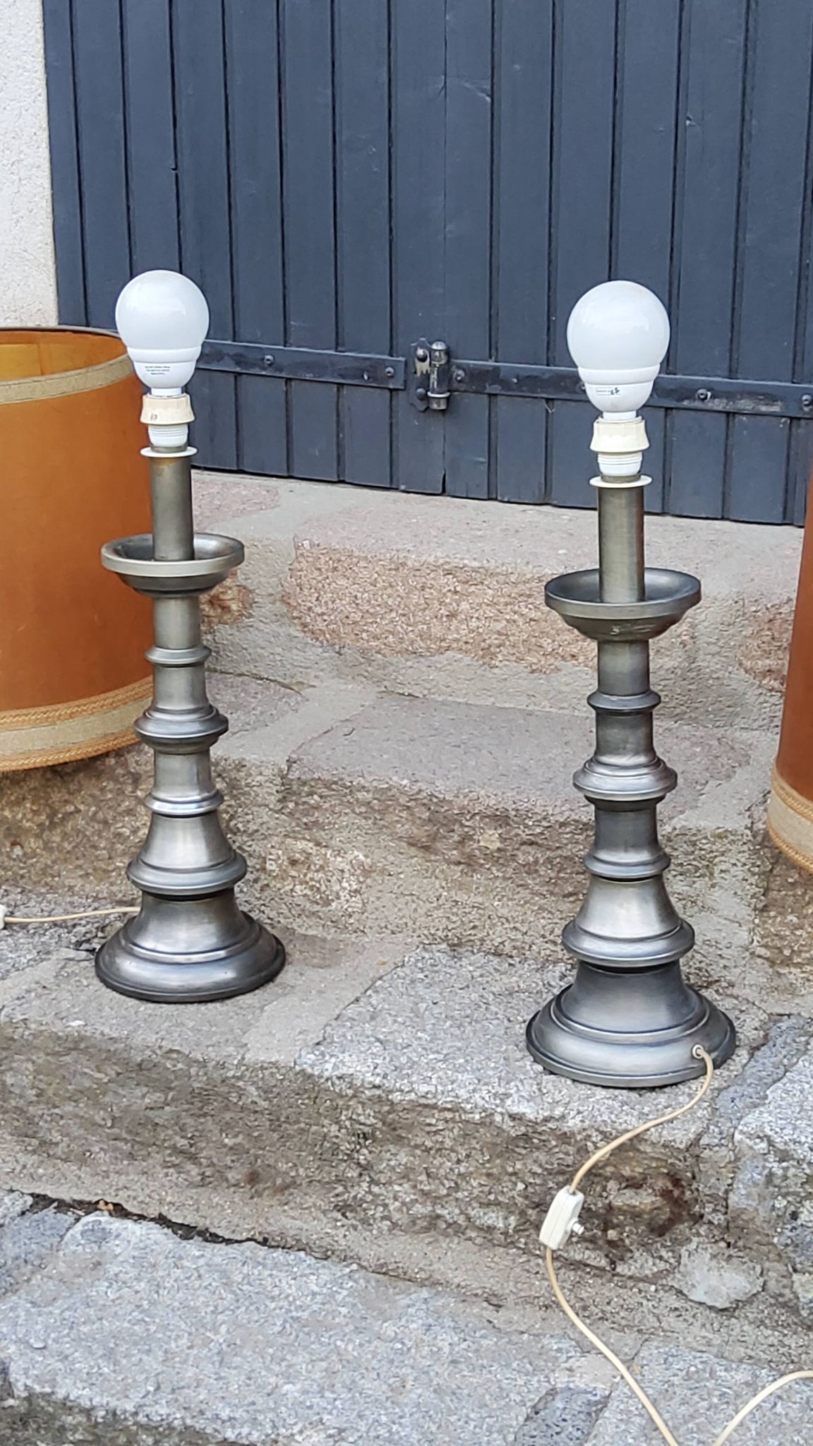 Pair of 70s Kaiser Leuchten lamps in brushed metal with original shades