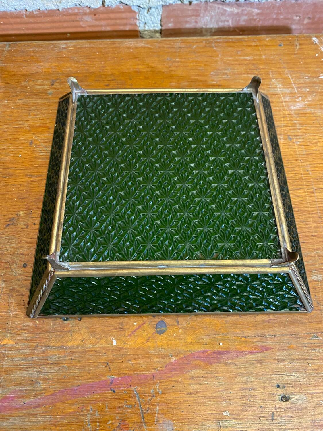 Bowl antique molded glass green + brass vintage