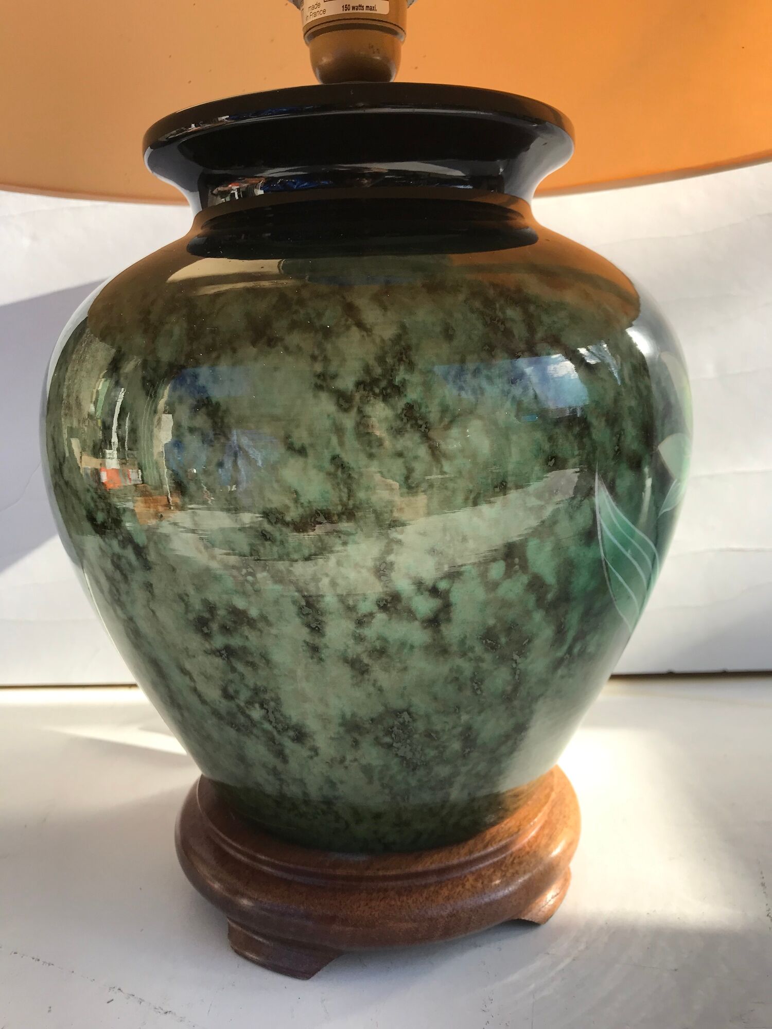 Ancient painted pottery Drimmer + wood + shade vintage pedestal vase lamp