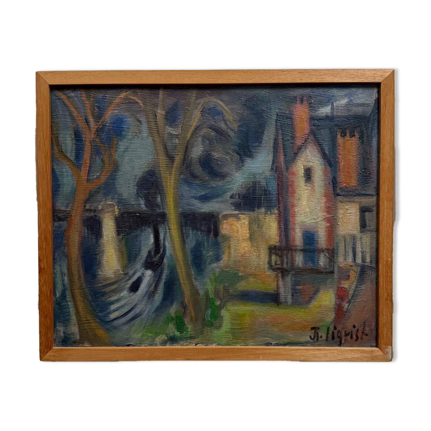 Oil on canvas modern composition Island of Chatou by J.-J. Sigrist