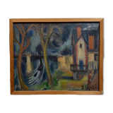 Oil on canvas modern composition Island of Chatou by J.-J. Sigrist