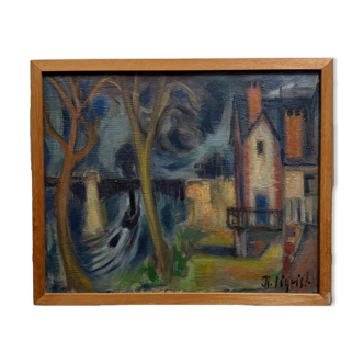 Oil on canvas modern composition Island of Chatou by J.-J. Sigrist