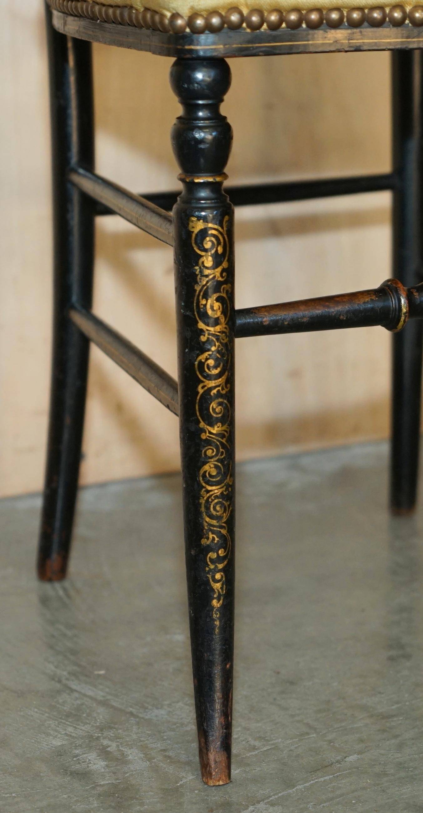 Regency Antique 1815 Occasional Chair in Ebonised Wood, Mother of Pearl, Silk and Chesterfield Upholstered Seat