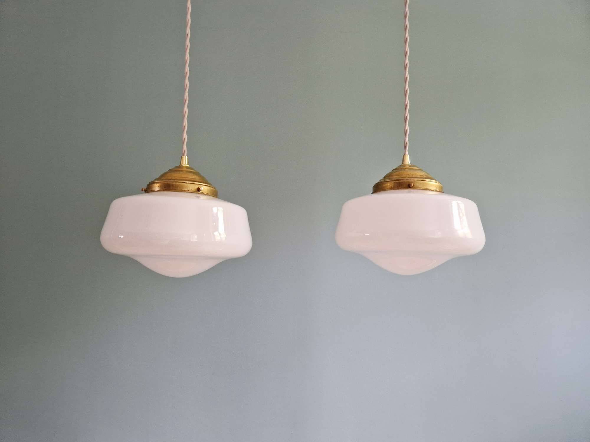 Pair of Art Deco conical white opaline pendant lights, 1920-30