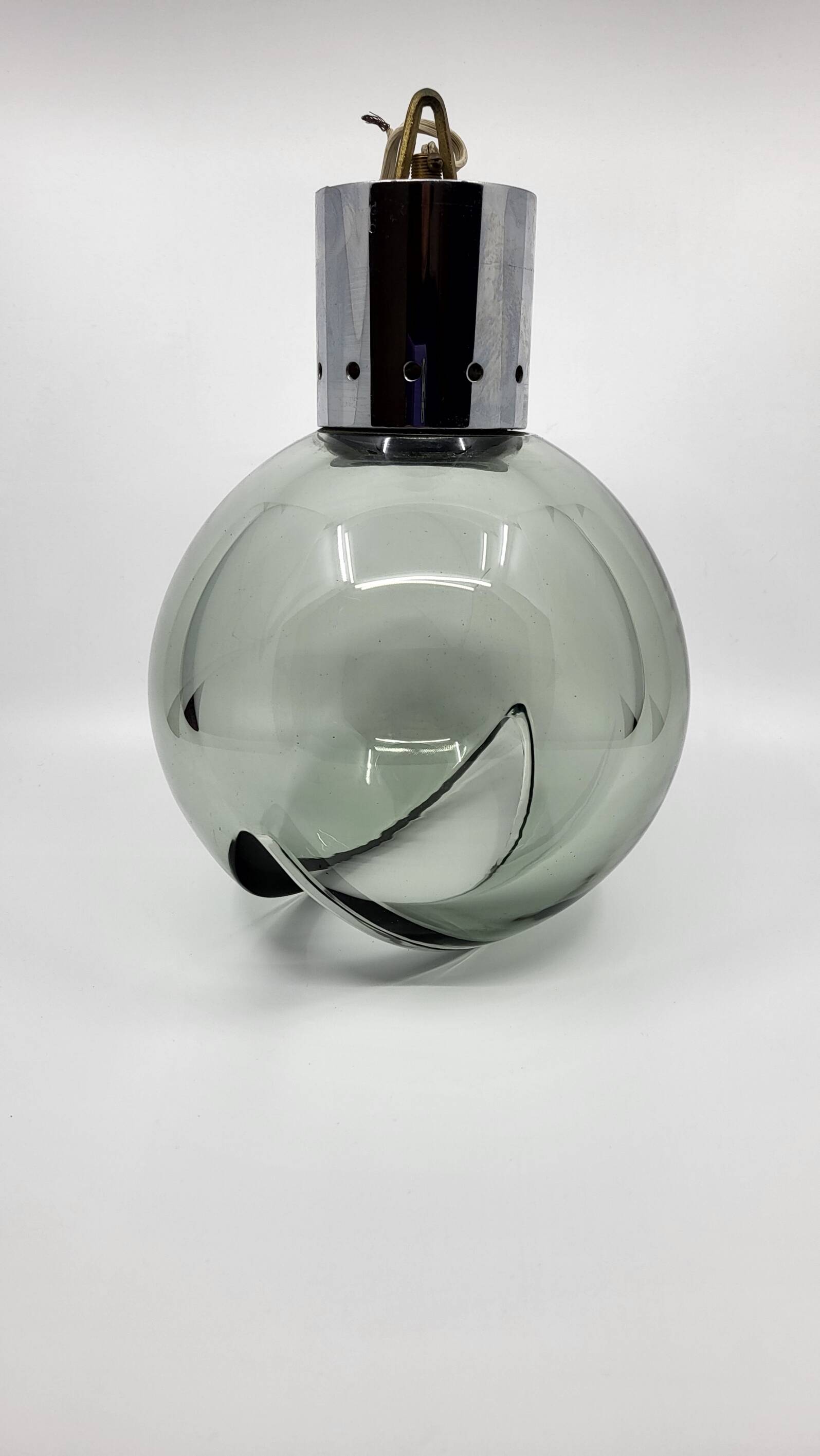 Pendant chandelier, chrome and smoked glass, eye ball design, space age, Italy, 1970s