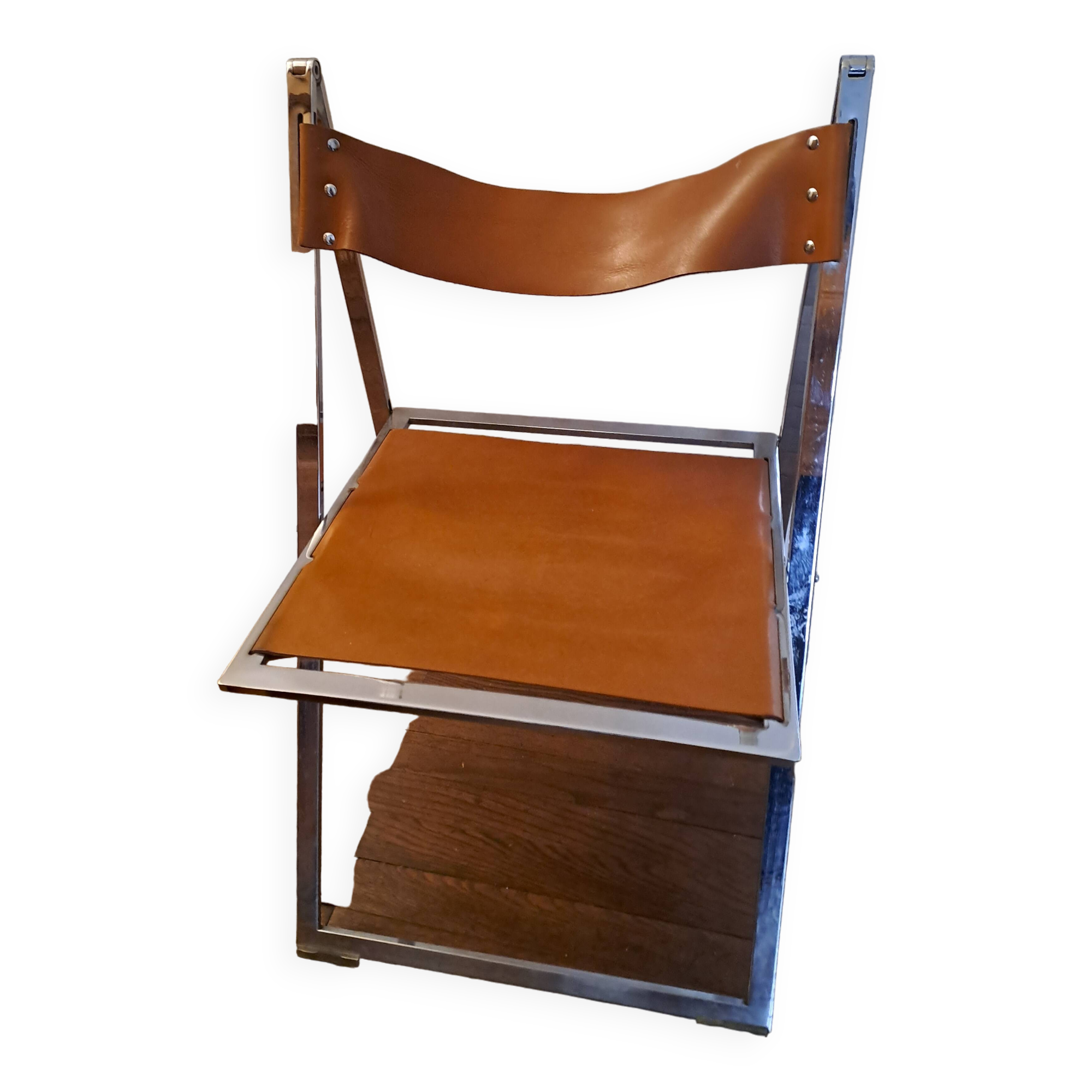 2 Chromed metal and leather folding chairs. 70s. Fontoni & Geraci