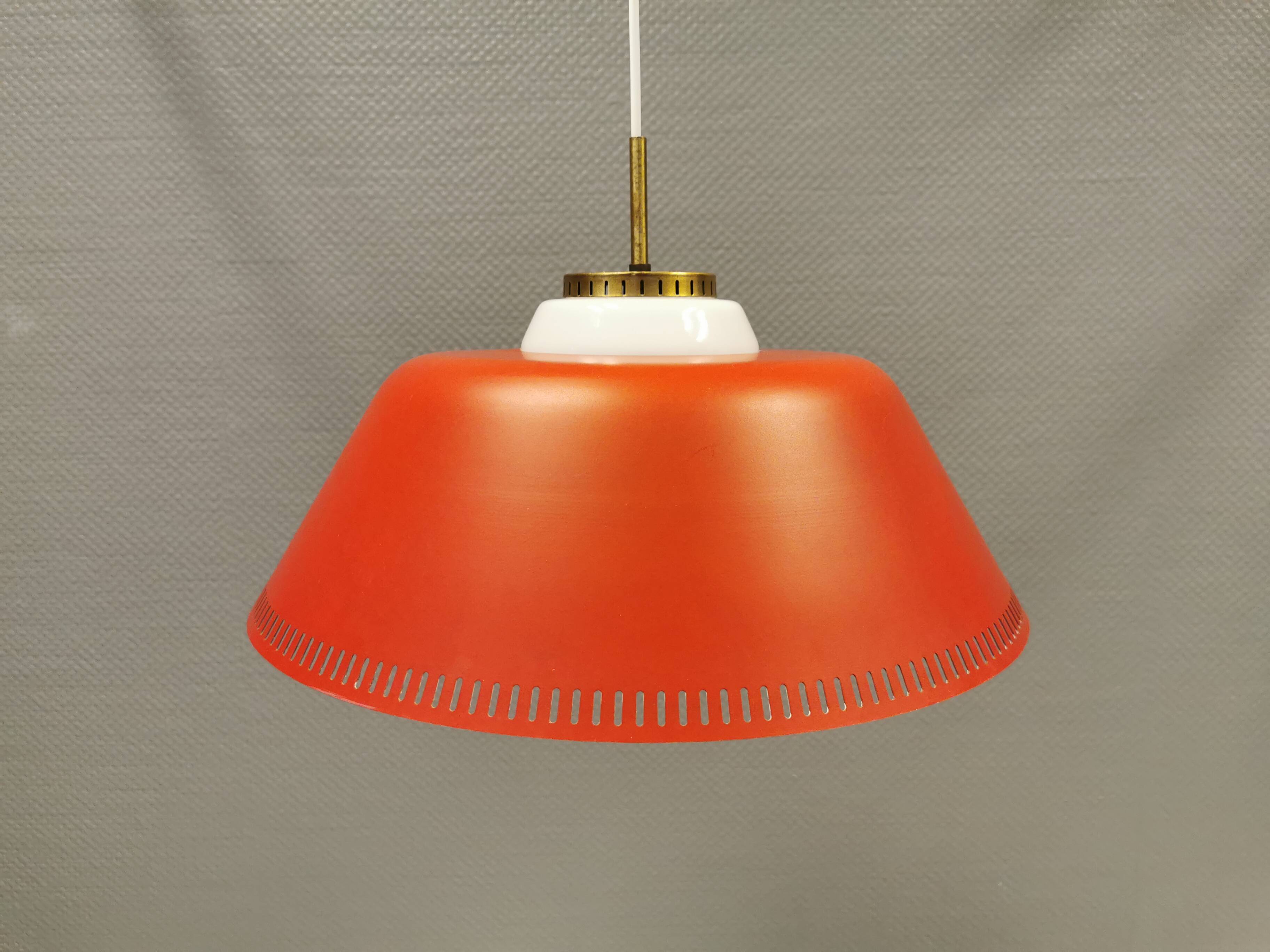 Hanging lamp in red lacquered metal and milky white opal glass 1970s Denmark.