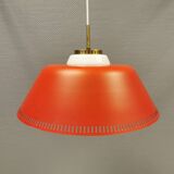 Hanging lamp in red lacquered metal and milky white opal glass 1970s Denmark.