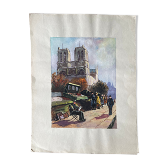 Ancient gouache on paper, Notre Dame de Paris