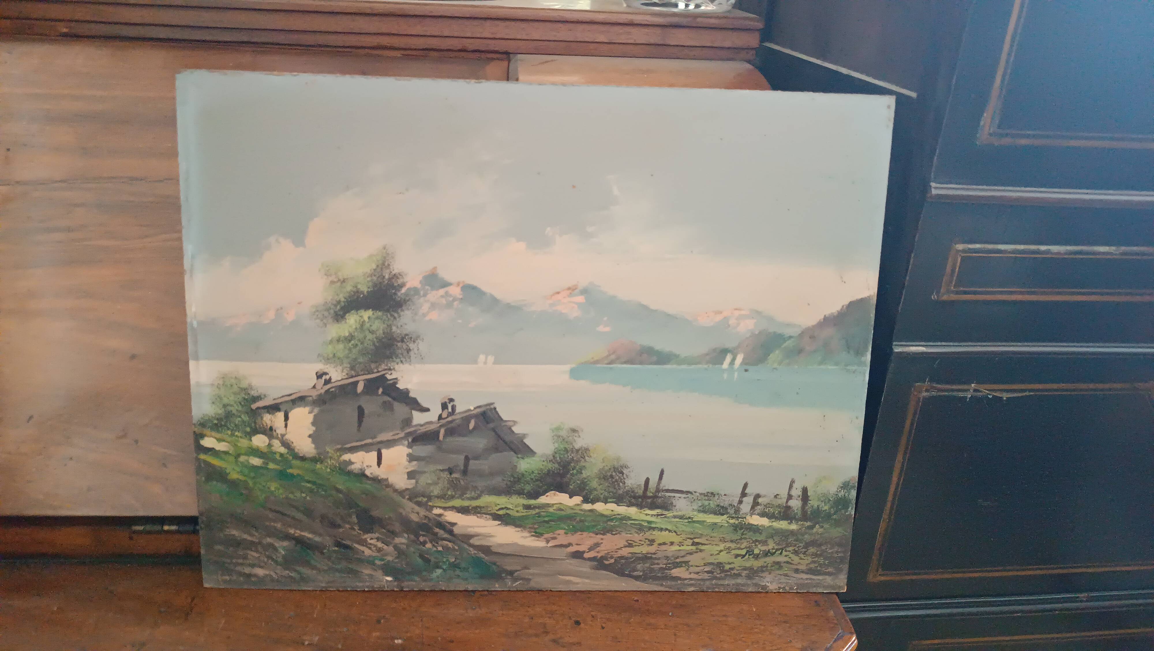 Tableau paysage montagne lac alpes signé pini années 1950