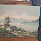 Tableau paysage montagne lac alpes signé pini années 1950