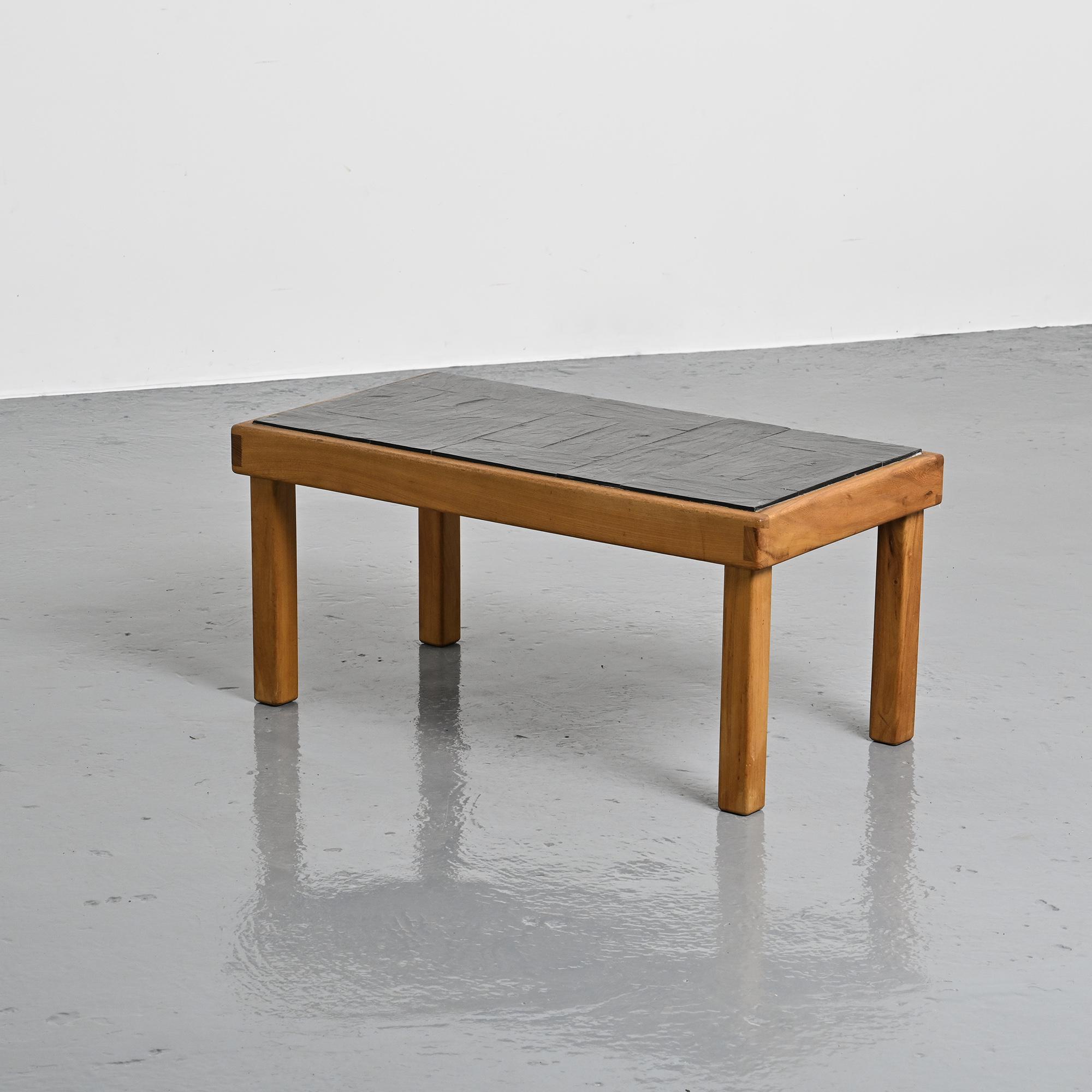 Slate and elm coffee table, Maison Regain, 1980