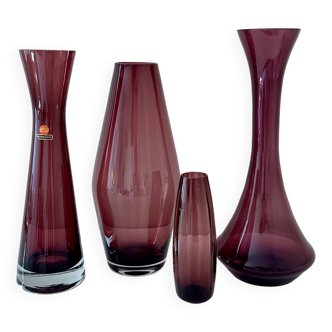 Mid Century glass vase collection, coloured glass amethyst, 60's interior