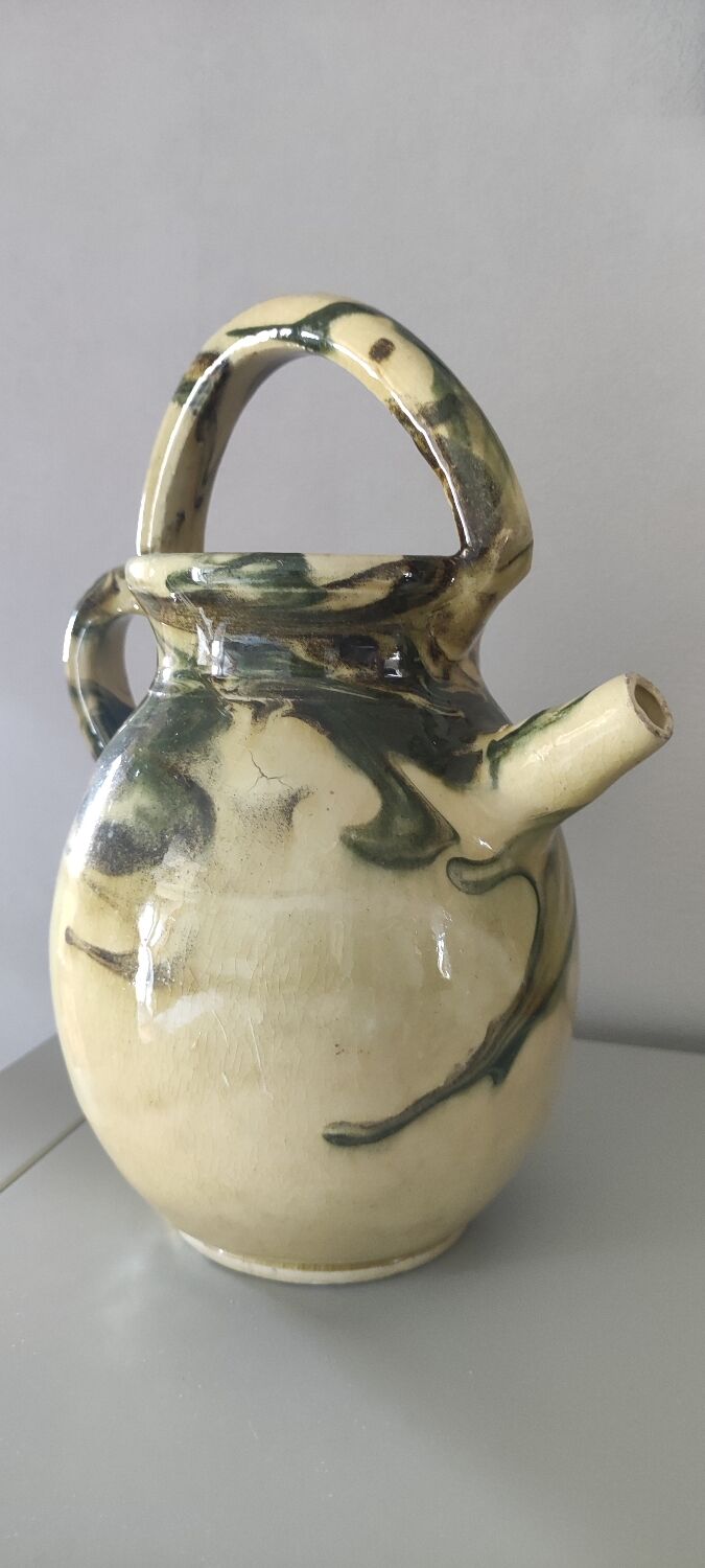 Cruche pichet en céramique émaillée jaune et verte