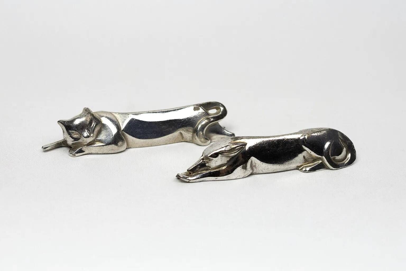 Pair of Art Deco knife rests - dog & cat - Gallia Christofle 1930