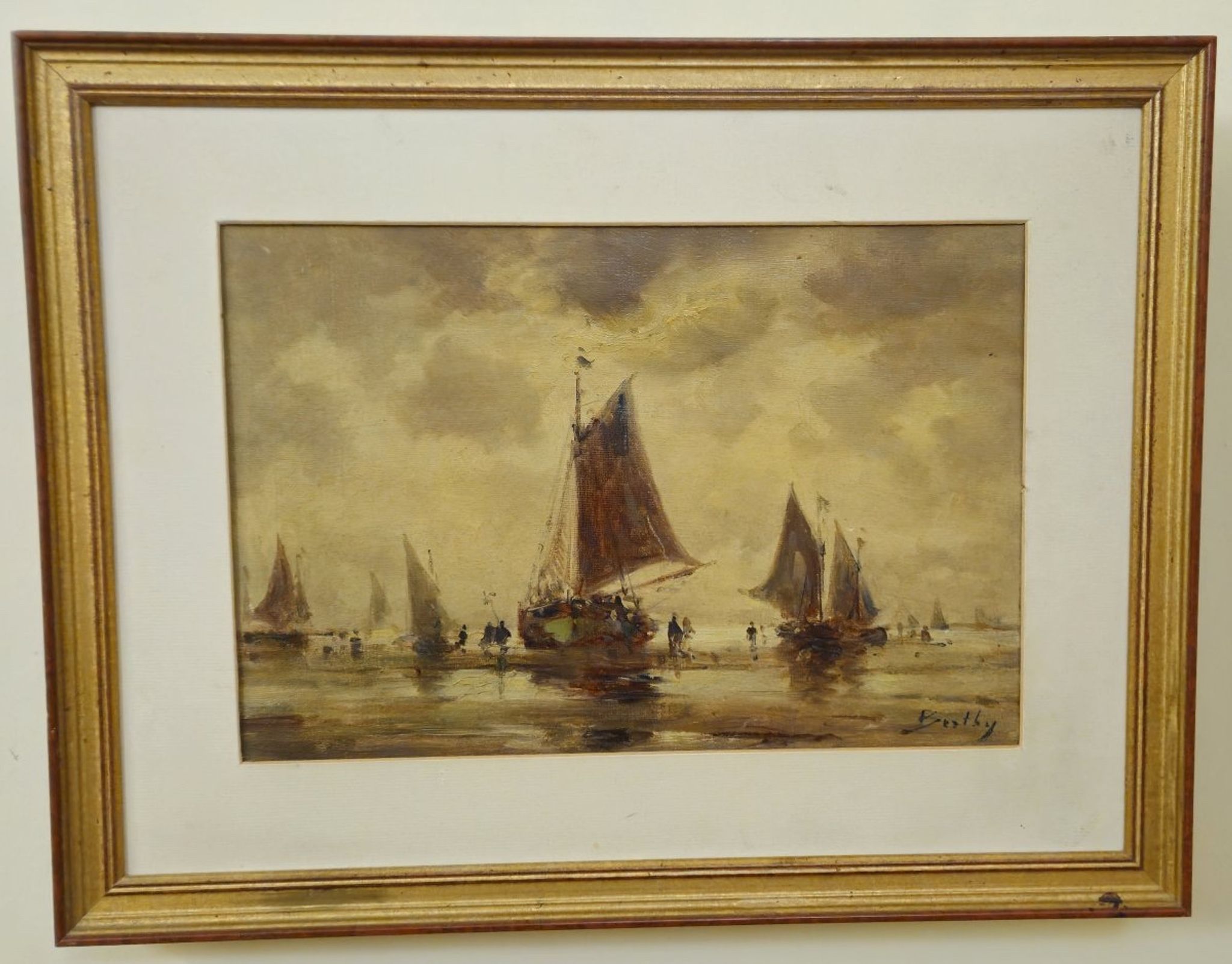 Oil on canvas antique – seascape with sailing boats – signed Bentley