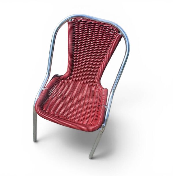 6 chaises en aluminium rouge pour intérieur/extérieur avec tissage synthétique (aspect osier/rattan) des années 1980