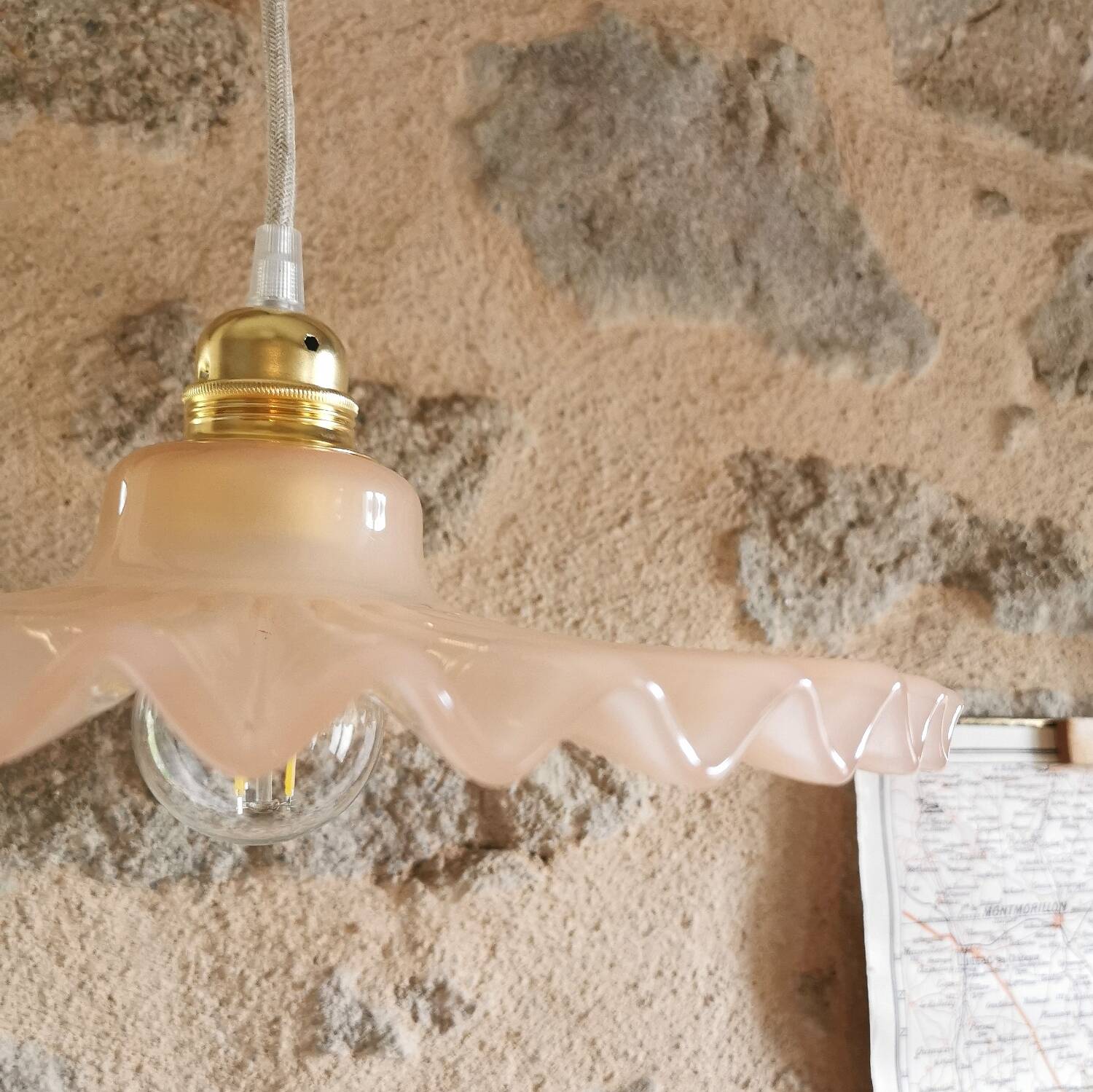 Vintage opaline pink pleated molded glass pendant light