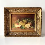Huile sur toile d'une nature morte aux pommes 1910, tableau ancien encadré