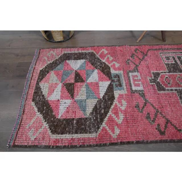1970s Vintage Turkish Oushak Handmade Wool Cotton Pink Runner Rug 81x315