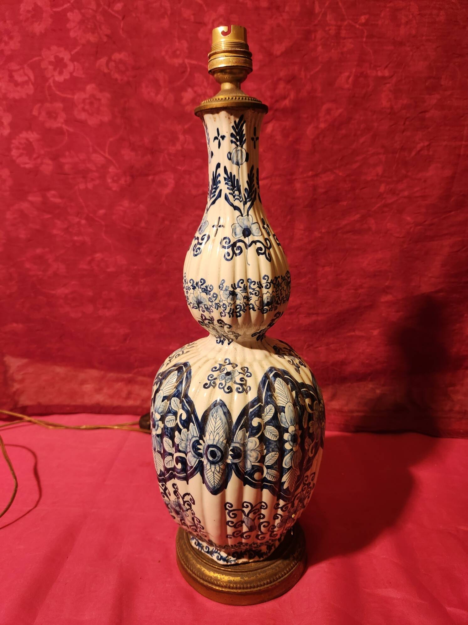 Antique ceramic lamp with brass or bronze base from the attic